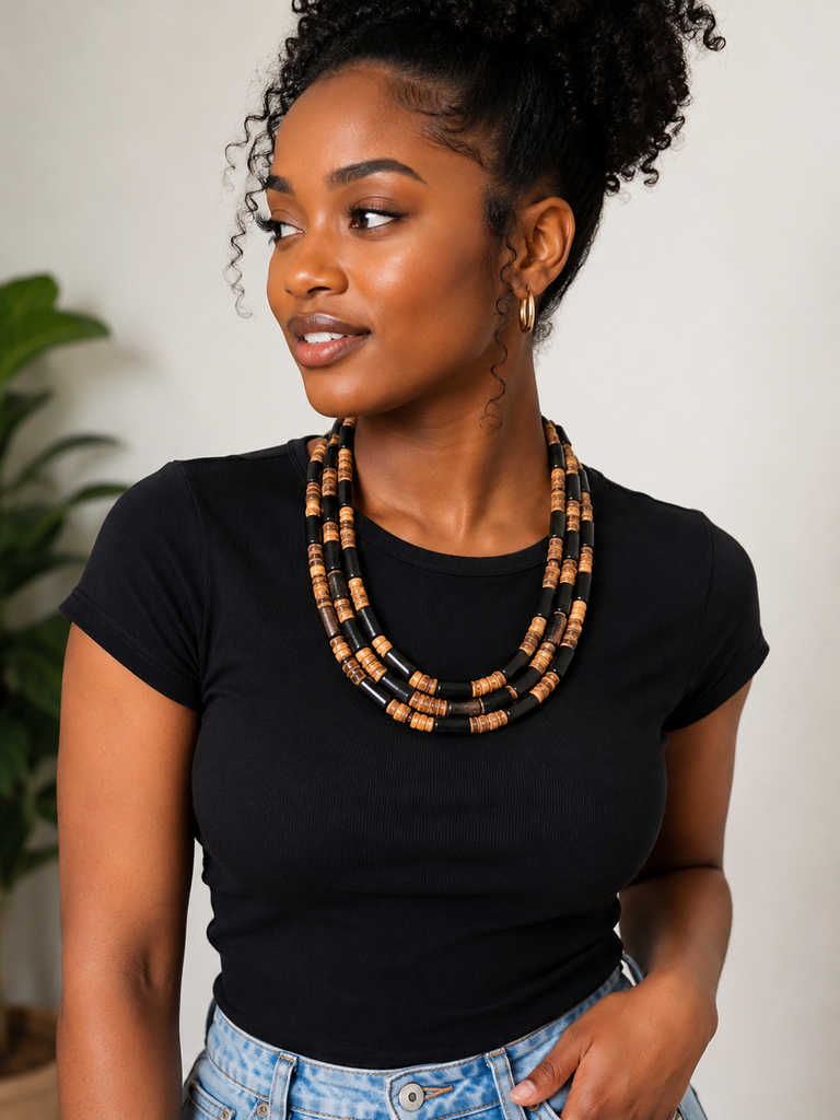 Handcrafted Mixed-Tone Wooden Layered Bead Necklace 3paired