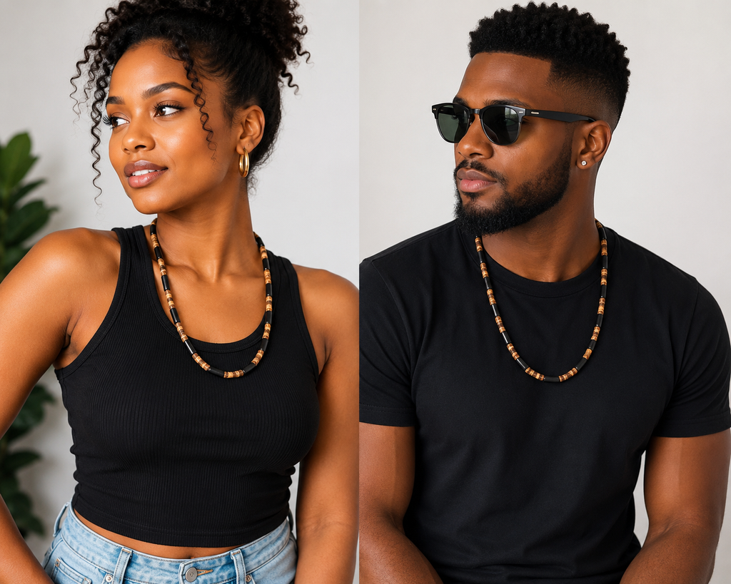 Natural Black & Wood Bead Unisex Necklace