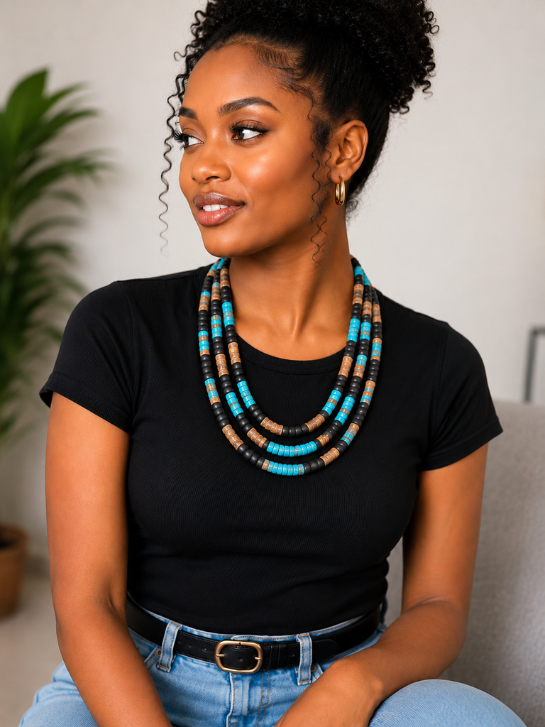 Tribal Blue & Natural Wood Layered Bead Necklace 3 paired
