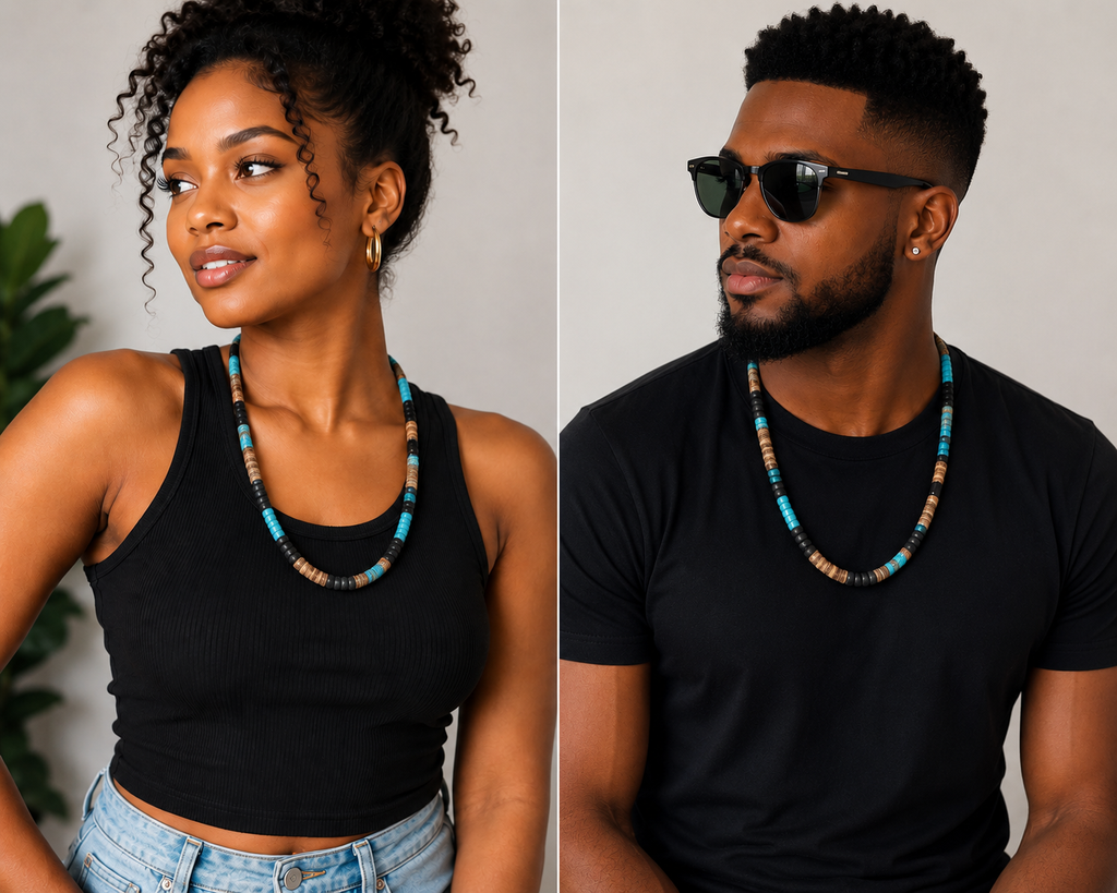 Turquoise, Black & Natural Wood Unisex Bead Necklace