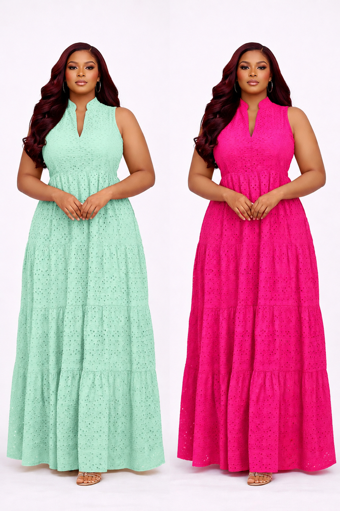 Radiant Bloom – 3-Tier Bishop-Neck Maxi Dress
