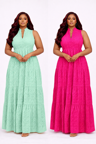 Radiant Bloom – 3-Tier Bishop-Neck Maxi Dress