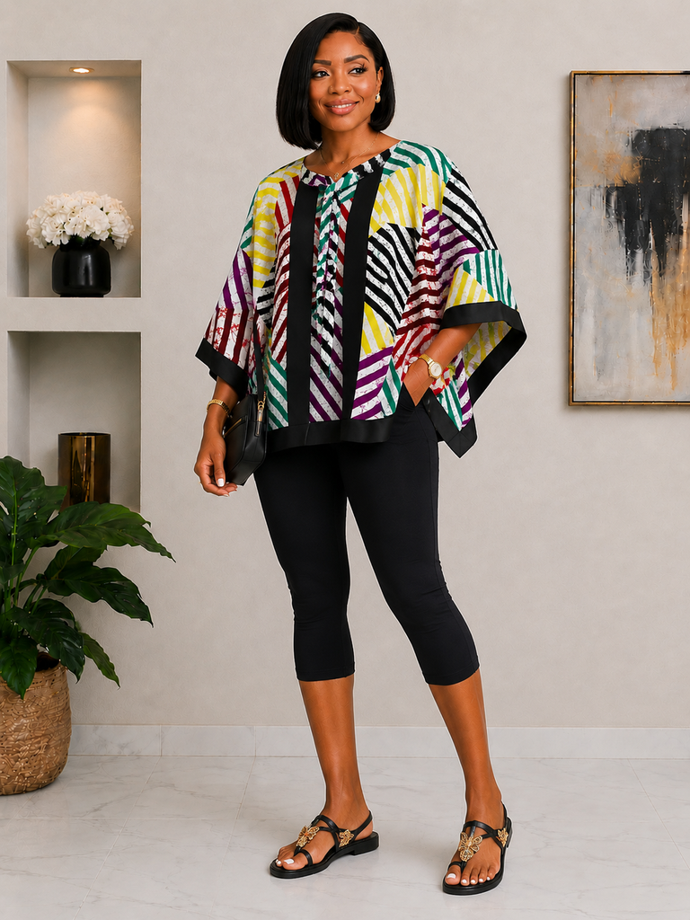 Multicolor Batwing Rope-Front Kimono Top