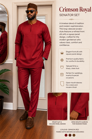 Crimson Luxe Men’s Senator Set with Front Slit Panel
