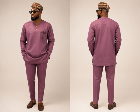Mauve Prestige Men’s Senator Set with Traditional Headwrap