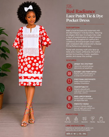 Red Radiance Lace Patch Tie & Dye Pocket Dress