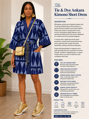 Blue Tie & Dye Ankara Kimono Short Dress with Rope Belt