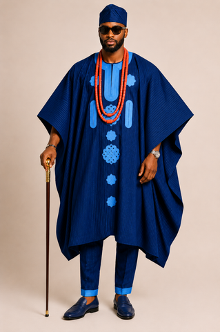 Royal Sapphire 4-Piece Aso-Oke Traditional Agbada Set