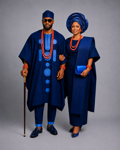 Royal Blue Aso-Oke Iro, Buba & Ipele Traditional Ensemble
