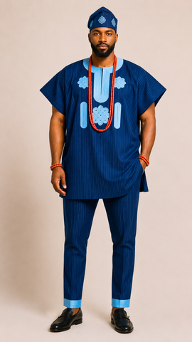 Royal Sapphire 4-Piece Aso-Oke Traditional Agbada Set
