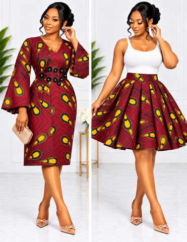 Elegant Royal Ruby Ankara Convertible Double Dress – 2-in-1 Style