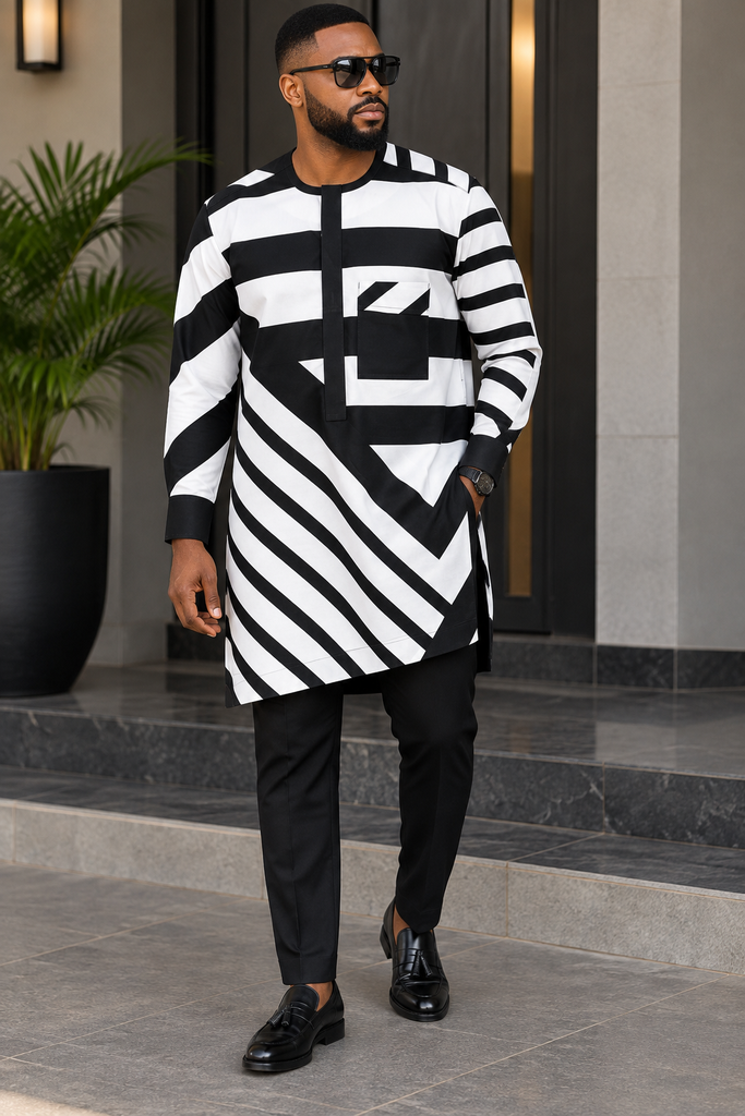 Bold Black & White Geometric Stripe Men’s Senator Set