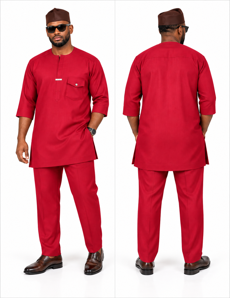 Men’s Bold Red Senator Set with Flap Chest Pocket & Matching Trousers