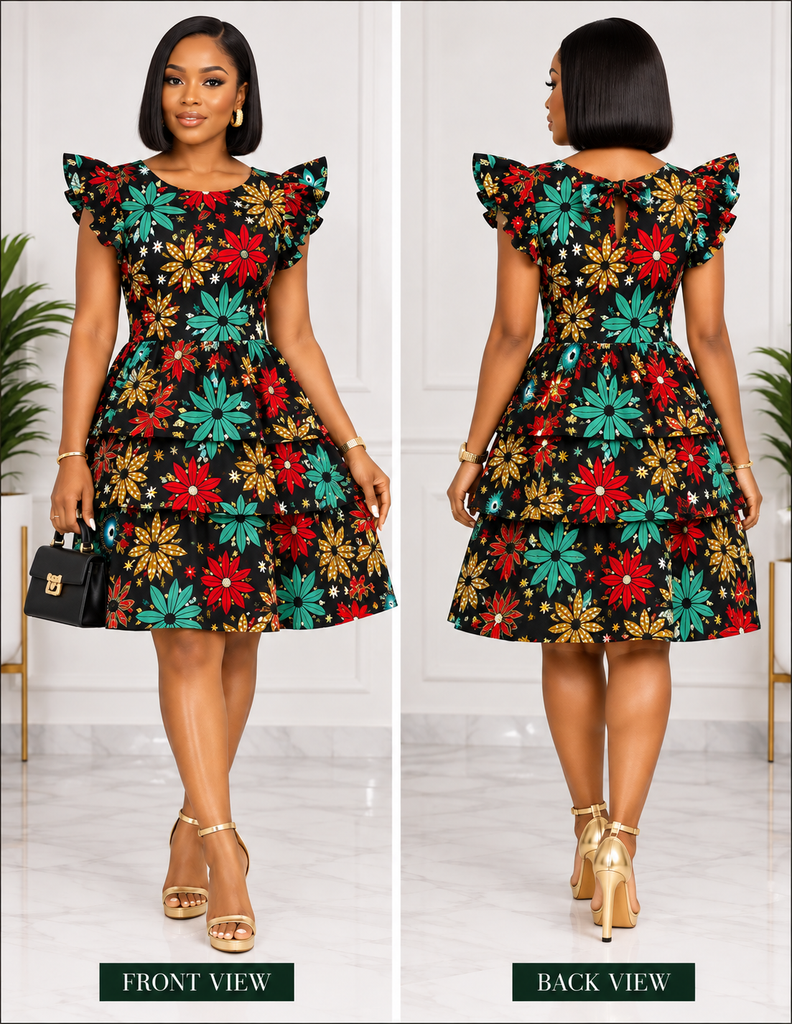 Floral Ankara Layered Mini Dress with Bow Tie Back Detail