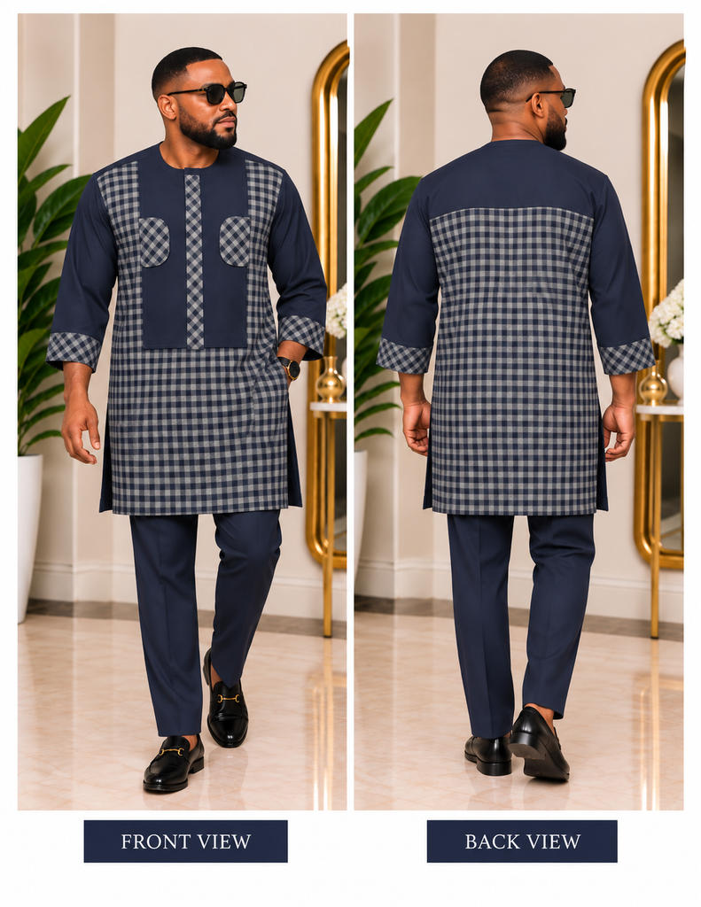 Blue-Black Checkered Three-Quarter Sleeve Senator Set