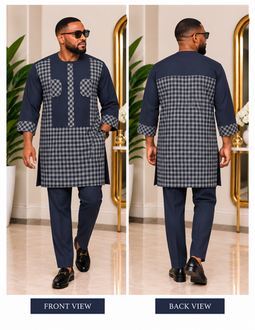 Blue-Black Checkered Three-Quarter Sleeve Senator Set