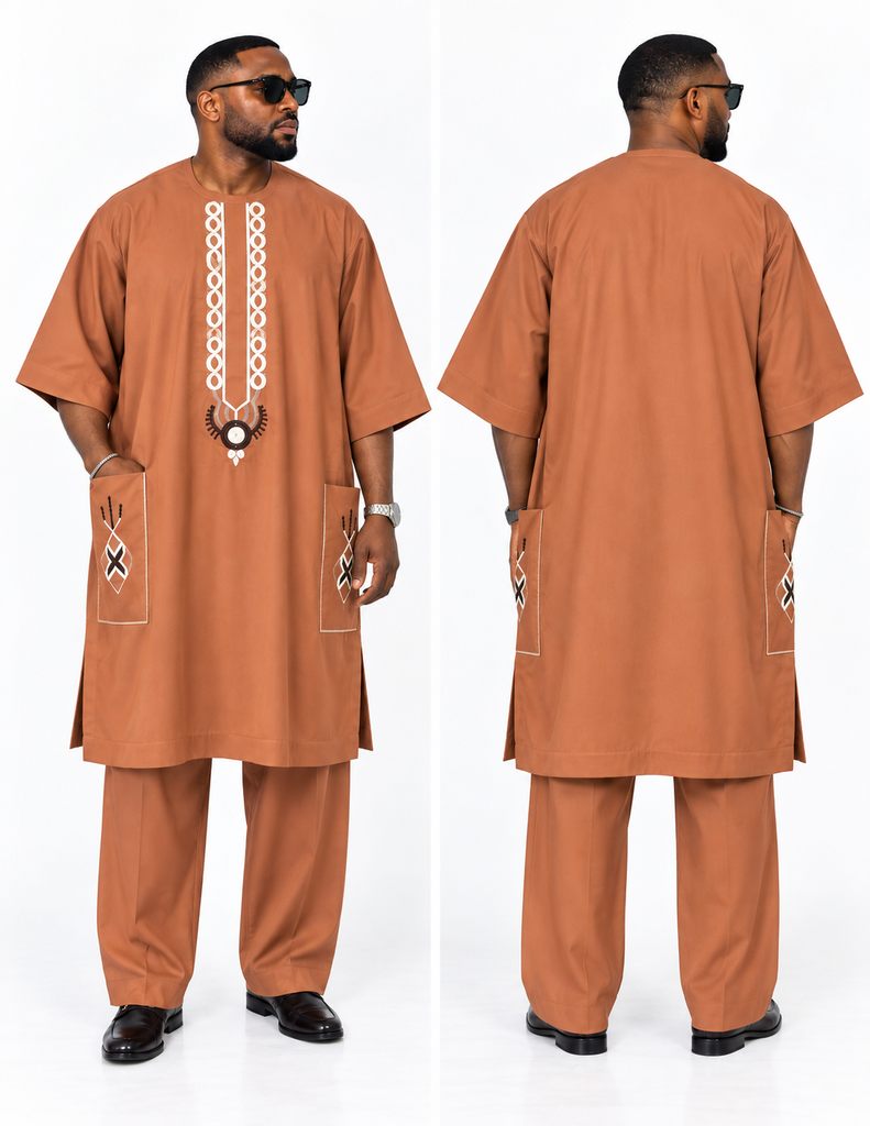 Terracotta Embroidered Loose-Fit Men’s Dansiki Set