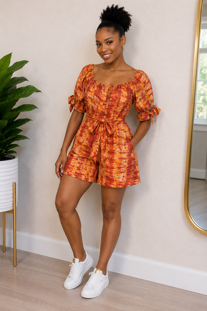 Rust Orange Tie-Dye Puff-Sleeve Belted Romper