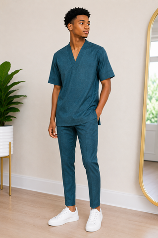 Teal Jacquard Short-Sleeve Two-Piece Set