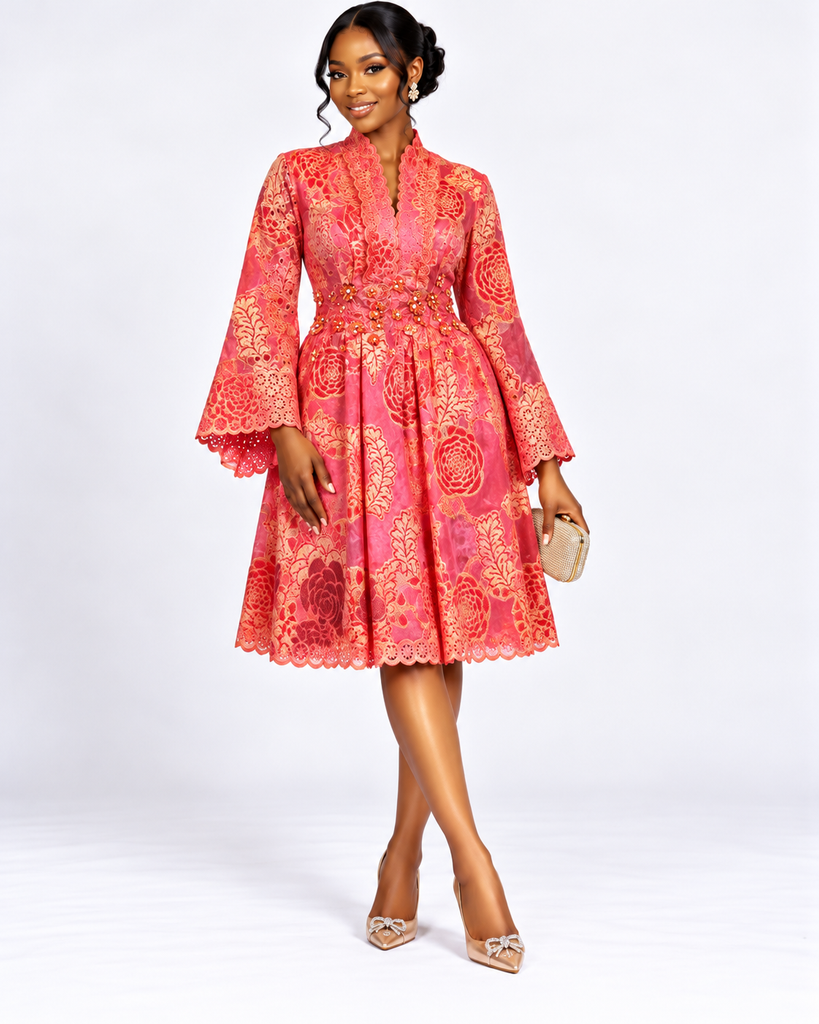 Women's Elegant Coral Pink Floral Lace Knee-Length Dress with Embellished Waist