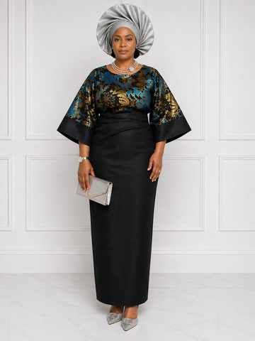 Luxury Damask Buba & Black Aso-Oke Iro Set with Silver Gele