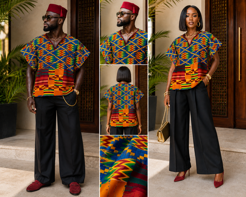 Authentic Kente Dashiki Top – Multicolor African Print Oversized Kaftan Shirt