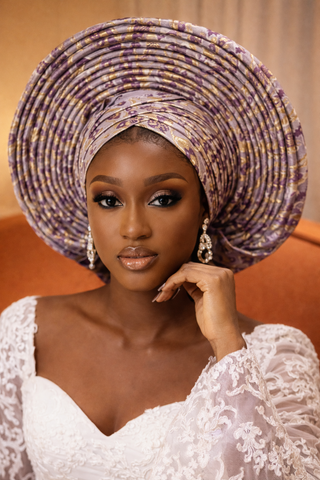 Luxury Purple & Gold Brocade Gele – Ready-to-Wear Statement Headwrap