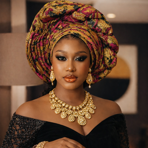 Luxury Pink & Gold Brocade Gele Headwrap – Ready-to-Wear Statement Piece