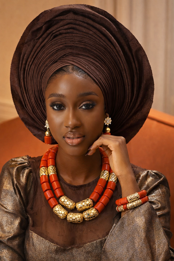 Royal Coral & Gold Bead Statement Jewelry Set