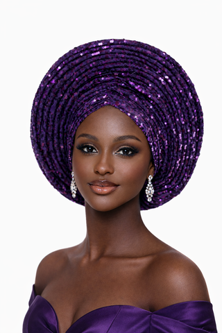 Luxury Purple Sequin Gele - Elegant Statement Style