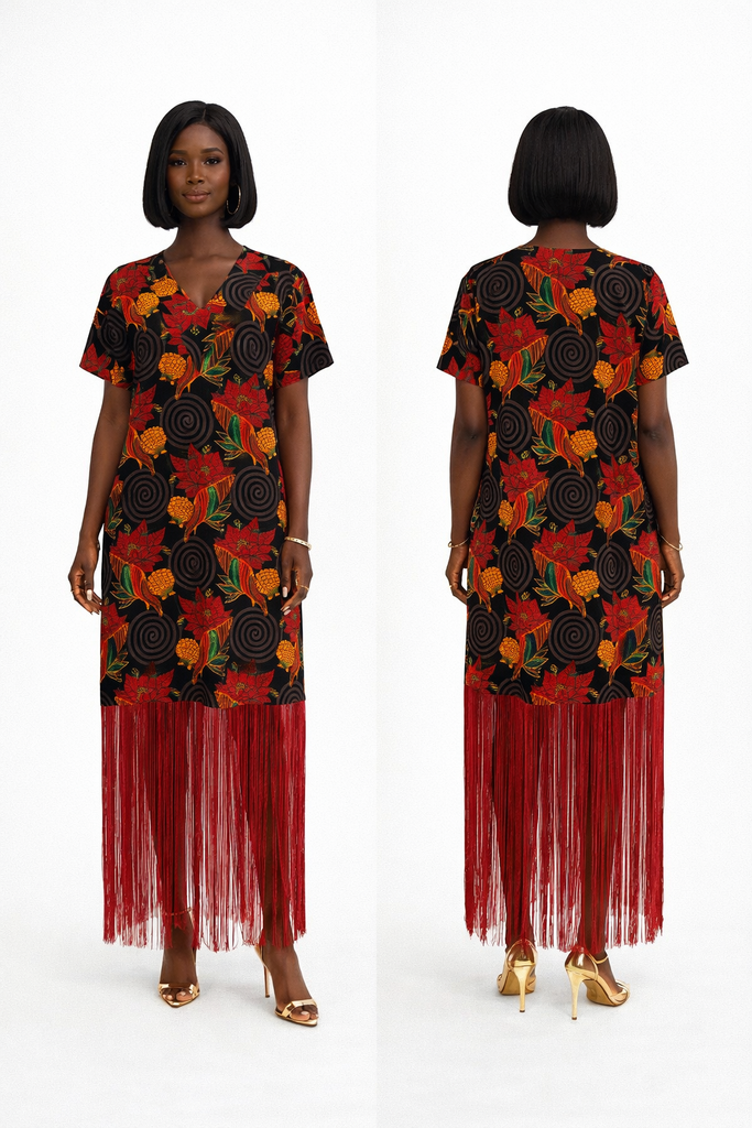 Floral Ankara Fringe Midi Dress