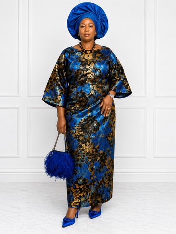 Royal Blue Damask Iro & Buba Set with Statement Gele