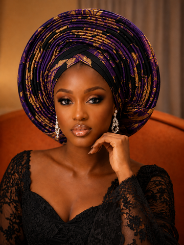 Luxury Purple & Gold Brocade Gele – Ready-to-Wear Statement Headwrap