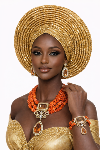 Luxury Coral Bead Jewelry Set with Gold Crystal Pendant – Necklace, Earrings & Bracelet