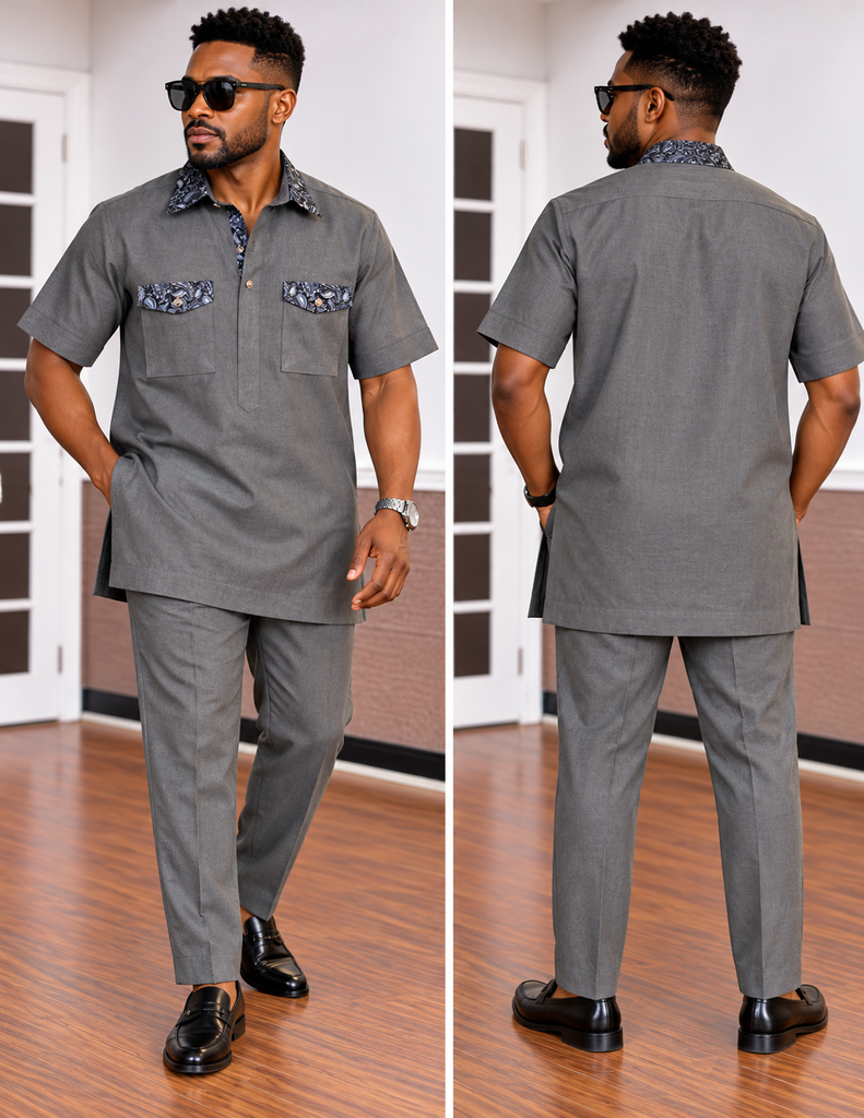 Men's Classic Gray Linen Short-Sleeve Two-Piece Set with Navy Blue Paisley Accents