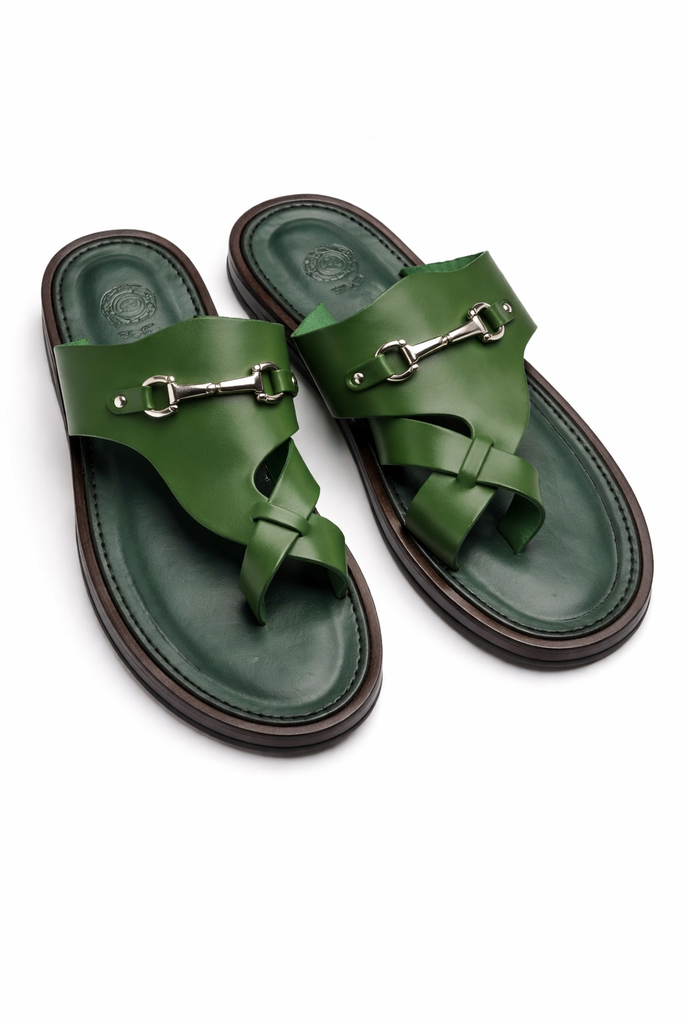 Green Leather Horsebit Cross-Strap Sandals
