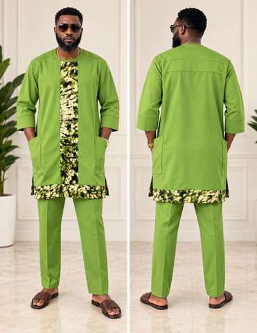 Men’s Premium Olive Green Senator Two-Piece Set with Tie-Dye Panel & Open-Mouth Side Pocket