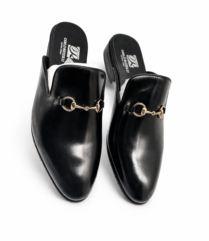 Black Leather Horsebit Mule Loafers