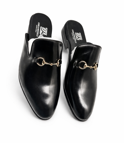 Black Leather Horsebit Mule Loafers