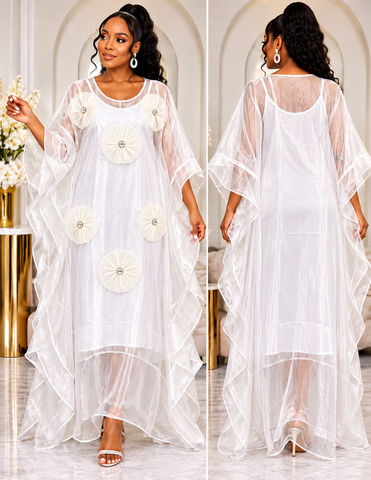 Elegant Royal Ivory Blossom Organza Bubu Gown with 3D Floral Appliqués