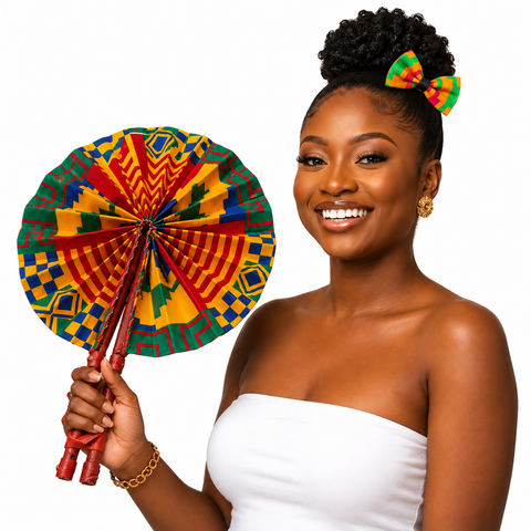 Ghanaian Kente Print Hand Fan with Leather Handle