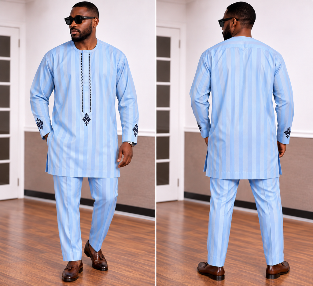 Men's Sky Blue Striped Long-Sleeve Senator Two-Piece Set with Embroidery