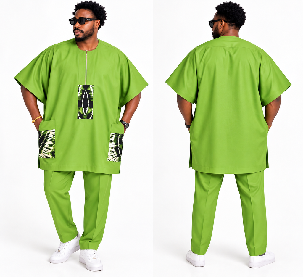 Men's Lime Green Batwing Danshiki Two-Piece Set with African Print Accents