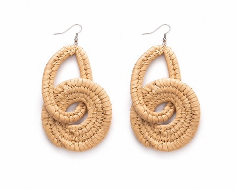 Handwoven Raffia Spiral Loop Earrings – Natural African Statement Earrings
