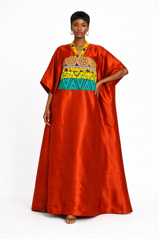 Rust Silk Kaftan Maxi Dress with Ankara Panel Detail