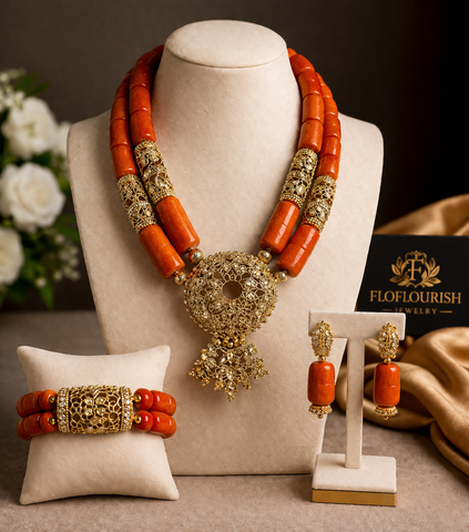 Luxury Coral Bead Jewelry Set with Gold Pendant – Necklace, Earrings & Bracelet