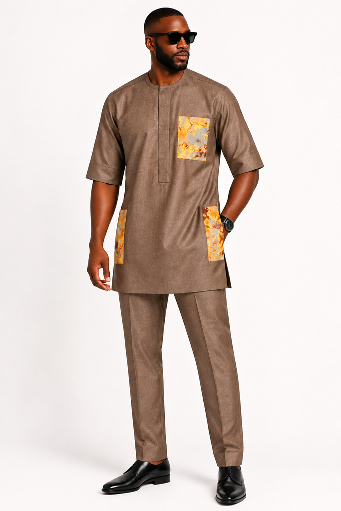 Men's Luxury Taupe Brown Senator Two-Piece Set with Marble Print Accents
