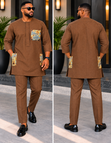 Men’s Premium Chocolate Brown Senator Two-Piece Set with Multicolor Artistic Chest & Side Pockets