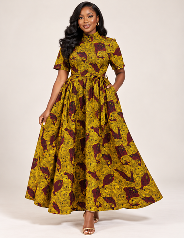 Elegant Royal Golden Swirl Ankara Bishop Neck Flared Maxi Dress