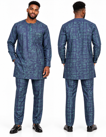 Men’s Premium Navy Blue & Teal Geometric Print Senator Two-Piece Set  Description: